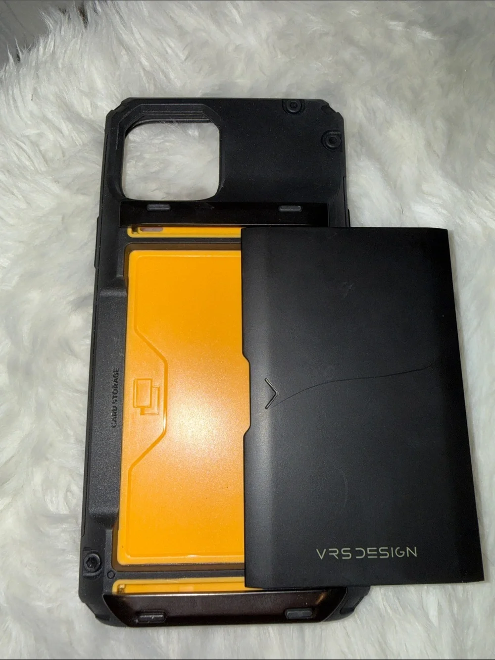 iPhone 15 VRS Design Rugged Phone Case with Yellow Card Slot - Black